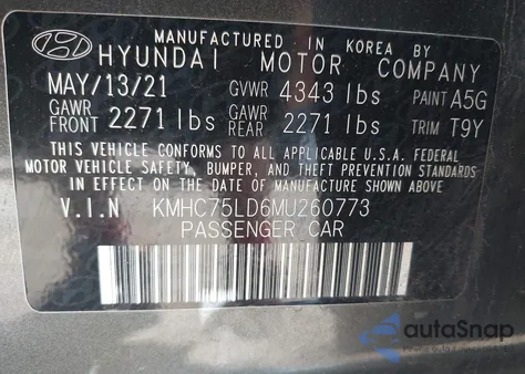 2021 Hyundai Ioniq Plug-In Hybrid Sel z USA, uszkodzony, nr VIN KMHC75LD6MU260773